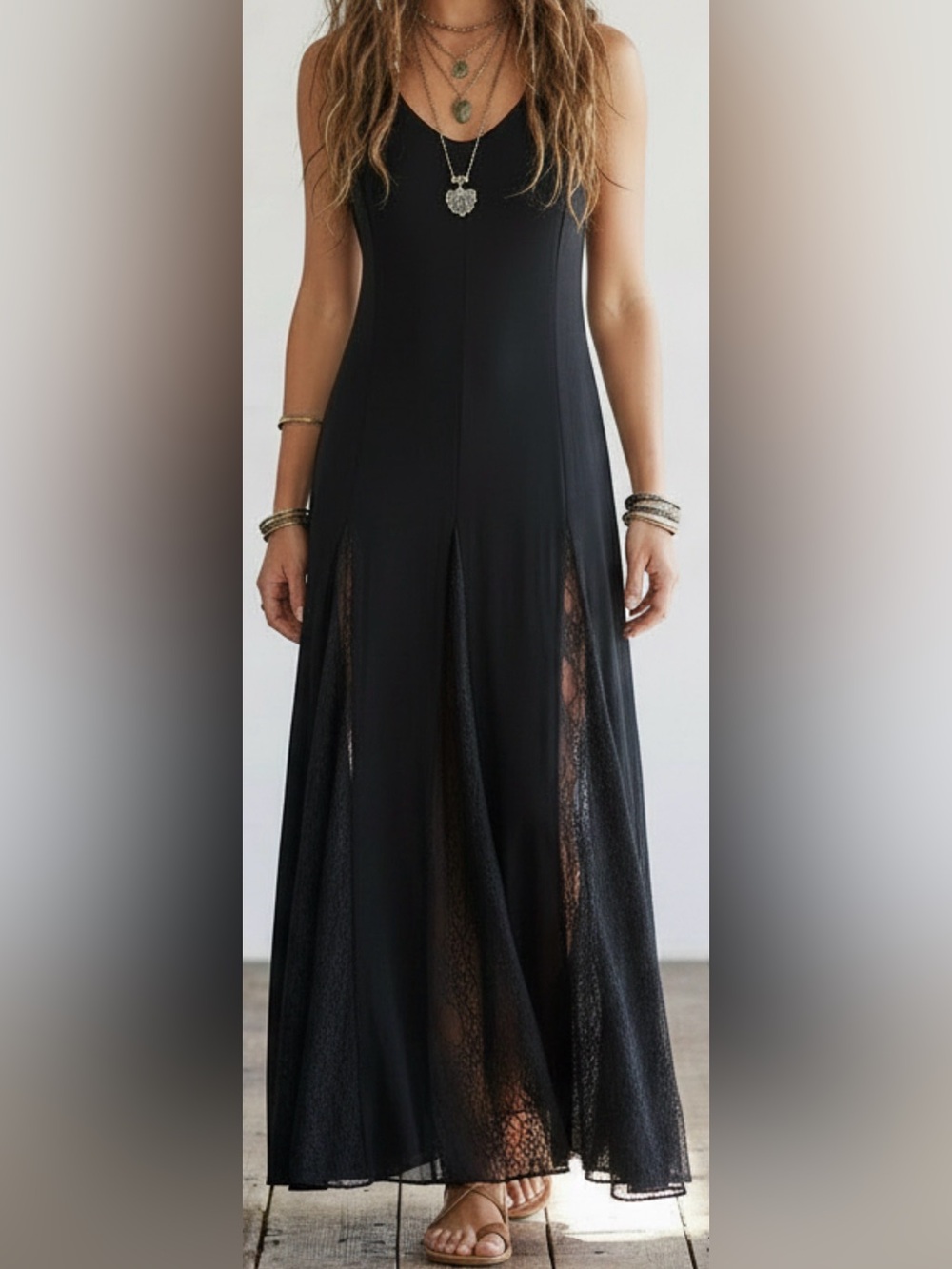 NWT! The Pyramid Collection Silky Knit Maxi Dress with Lace Godets, SMALL, BLACK